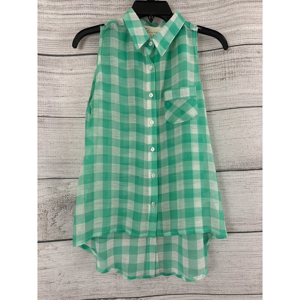 Vintage Havana Green & White Checkered Sleeveless Button-Up Blouse Size L